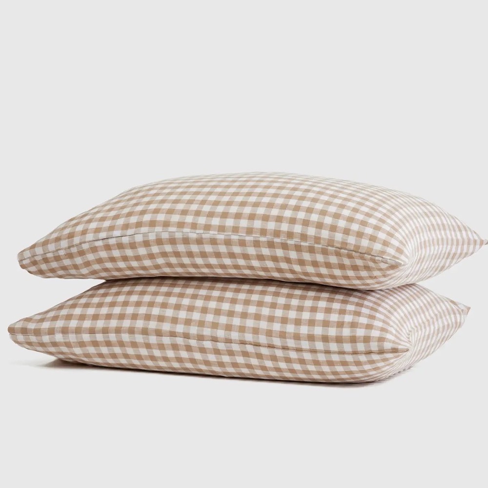 Quince Gingham European Linen Standard Pillowcase Set Cafe Tan White